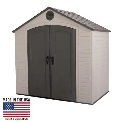 Lifetime 8 ft. x 5 ft. outdoor storage shed with double doors, ideal for garden tools and backyard organization in UAE