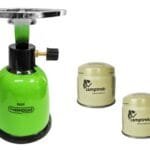 Portable camper gas stove with 2 butane cartridges in green, beige, and blue – ideal for outdoor cooking and camping equipment in UAE