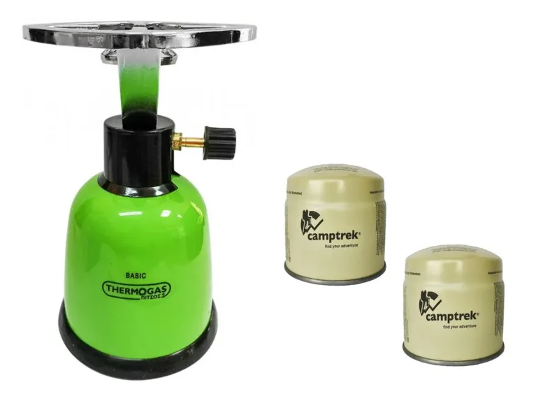 Portable camper gas stove with 2 butane cartridges in green, beige, and blue – ideal for outdoor cooking and camping equipment in UAE